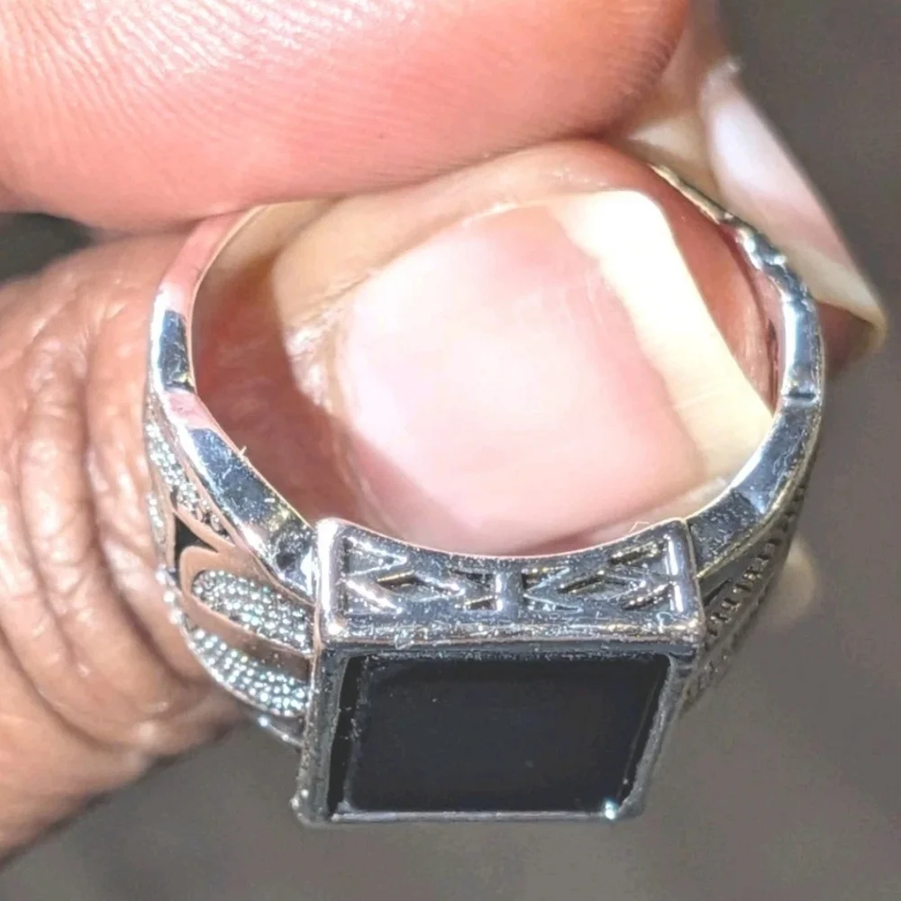 14k White Gold Plate Over Sterling Silver Turkish Gemstone Black Onyx Men's Ring